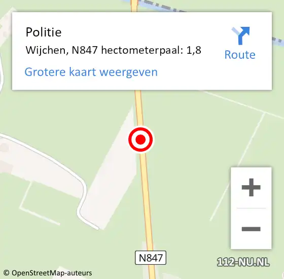 Locatie op kaart van de 112 melding: Politie Wijchen, N847 hectometerpaal: 1,8 op 20 januari 2023 14:57