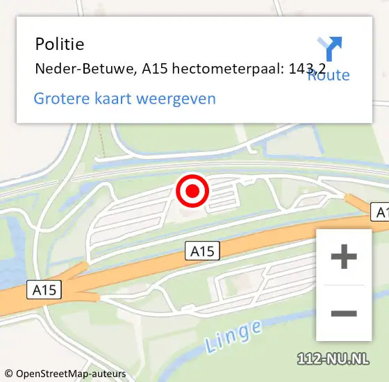 Locatie op kaart van de 112 melding: Politie Neder-Betuwe, A15 hectometerpaal: 143,2 op 20 januari 2023 15:48