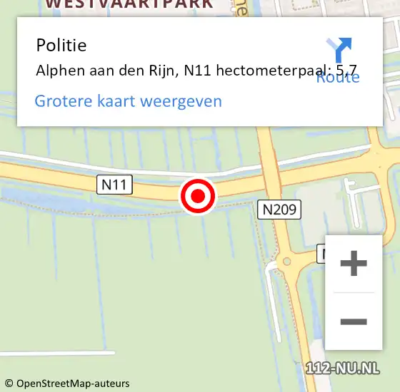 Locatie op kaart van de 112 melding: Politie Alphen aan den Rijn, N11 hectometerpaal: 5,7 op 20 januari 2023 18:47