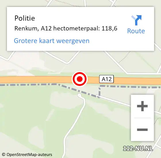 Locatie op kaart van de 112 melding: Politie Renkum, A12 hectometerpaal: 118,6 op 20 januari 2023 19:44