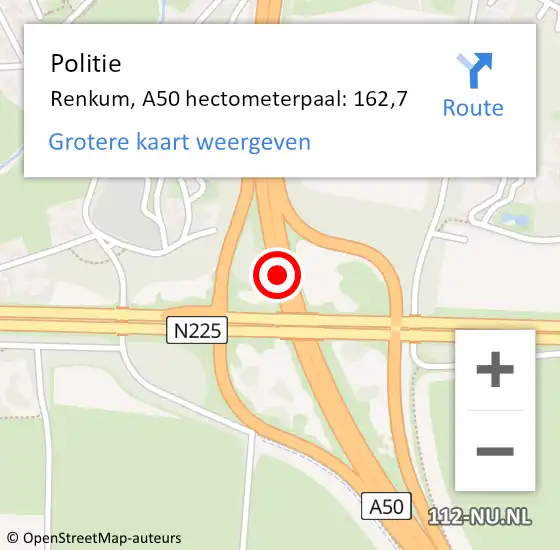 Locatie op kaart van de 112 melding: Politie Renkum, A50 hectometerpaal: 162,7 op 21 januari 2023 02:01