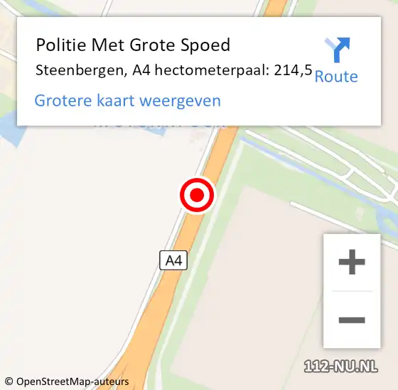 Locatie op kaart van de 112 melding: Politie Met Grote Spoed Naar Steenbergen, A4 hectometerpaal: 214,5 op 21 januari 2023 05:43