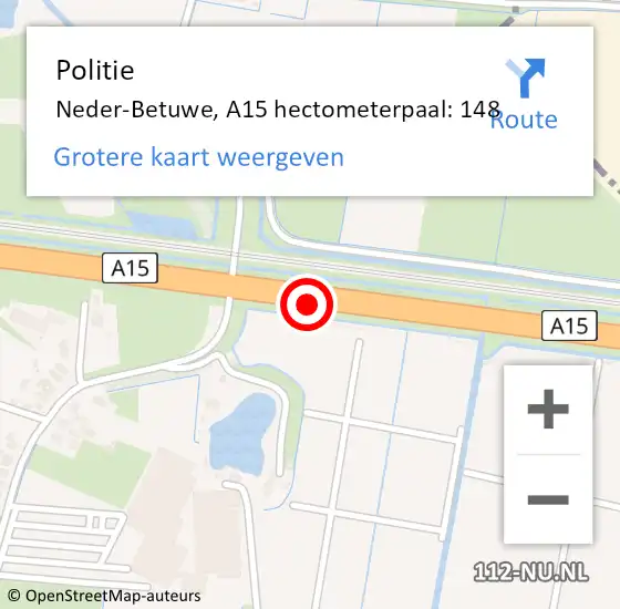 Locatie op kaart van de 112 melding: Politie Neder-Betuwe, A15 hectometerpaal: 148 op 21 januari 2023 06:25