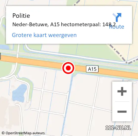 Locatie op kaart van de 112 melding: Politie Neder-Betuwe, A15 hectometerpaal: 148,2 op 21 januari 2023 06:27