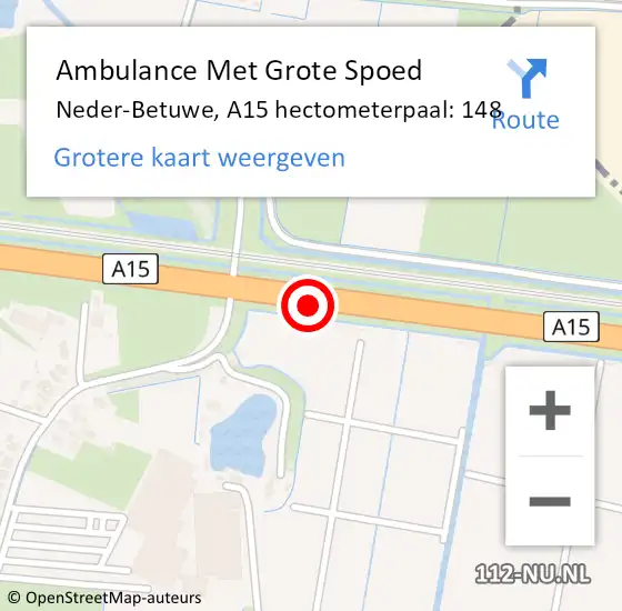 Locatie op kaart van de 112 melding: Ambulance Met Grote Spoed Naar Neder-Betuwe, A15 hectometerpaal: 148 op 21 januari 2023 06:27