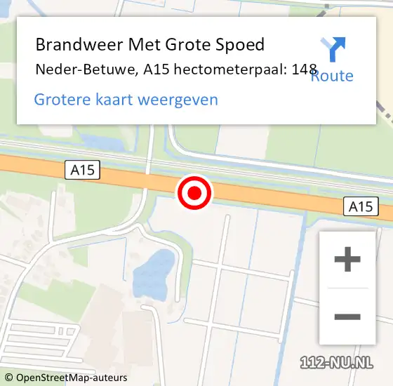 Locatie op kaart van de 112 melding: Brandweer Met Grote Spoed Naar Neder-Betuwe, A15 hectometerpaal: 148 op 21 januari 2023 06:27