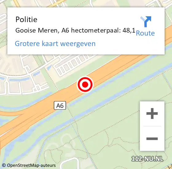 Locatie op kaart van de 112 melding: Politie Gooise Meren, A6 hectometerpaal: 48,1 op 21 januari 2023 06:42