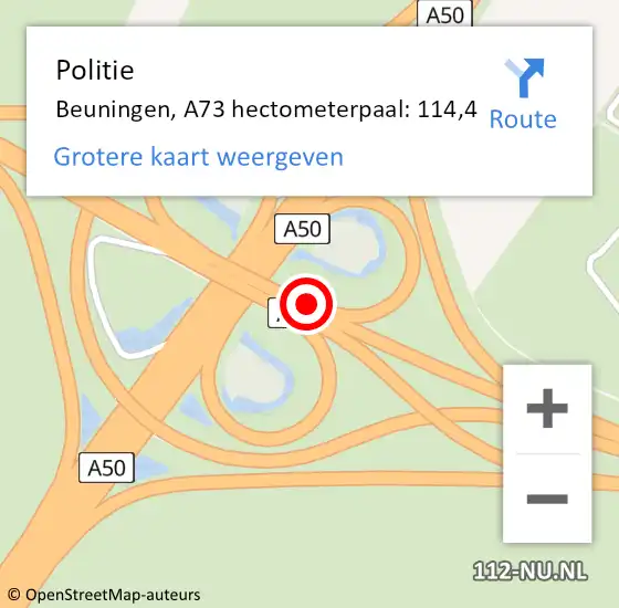 Locatie op kaart van de 112 melding: Politie Beuningen, A73 hectometerpaal: 114,4 op 21 januari 2023 06:45