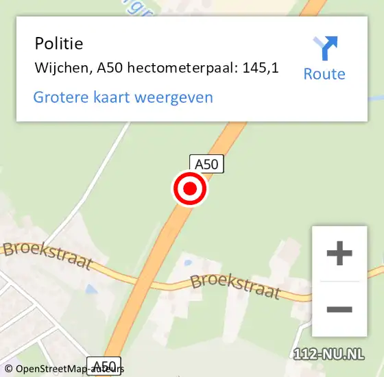 Locatie op kaart van de 112 melding: Politie Wijchen, A50 hectometerpaal: 145,1 op 21 januari 2023 07:18