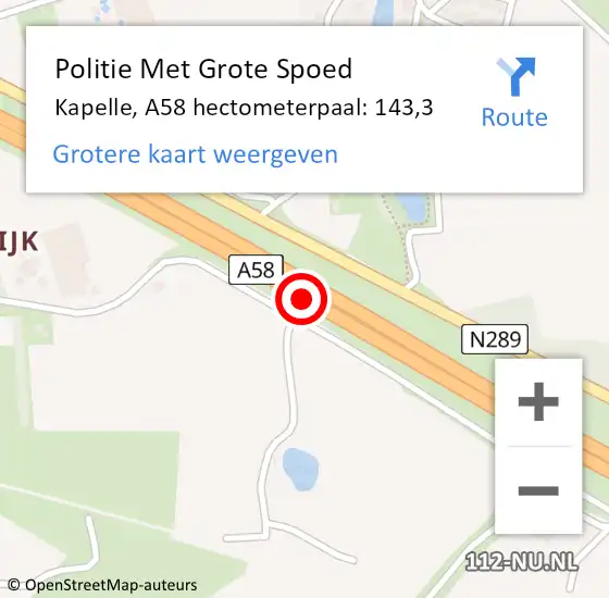 Locatie op kaart van de 112 melding: Politie Met Grote Spoed Naar Kapelle, A58 hectometerpaal: 143,3 op 21 januari 2023 07:41