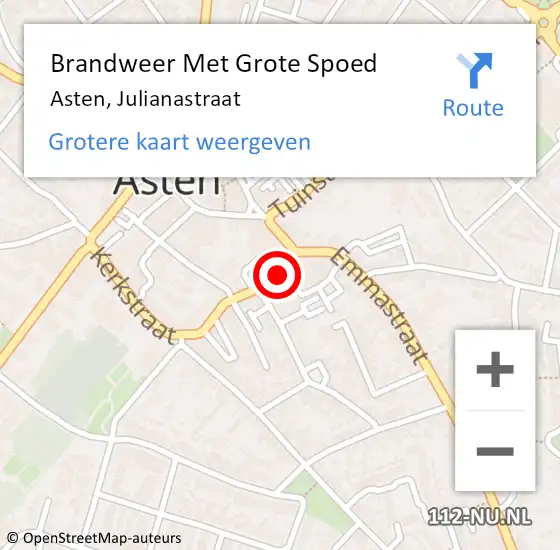 Locatie op kaart van de 112 melding: Brandweer Met Grote Spoed Naar Asten, Julianastraat op 21 januari 2023 08:18