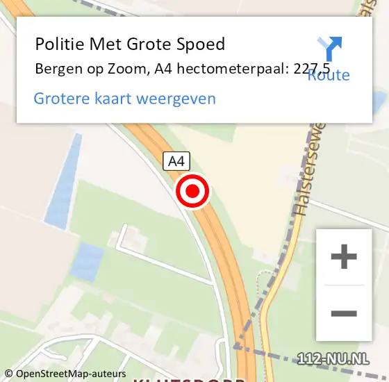 Locatie op kaart van de 112 melding: Politie Met Grote Spoed Naar Bergen op Zoom, A4 hectometerpaal: 227,5 op 21 januari 2023 08:44