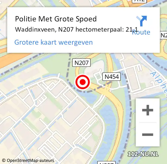 Locatie op kaart van de 112 melding: Politie Met Grote Spoed Naar Waddinxveen, N207 hectometerpaal: 21,1 op 21 januari 2023 08:57