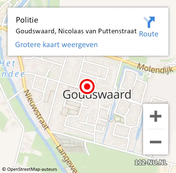 Locatie op kaart van de 112 melding: Politie Goudswaard, Nicolaas van Puttenstraat op 21 januari 2023 09:23