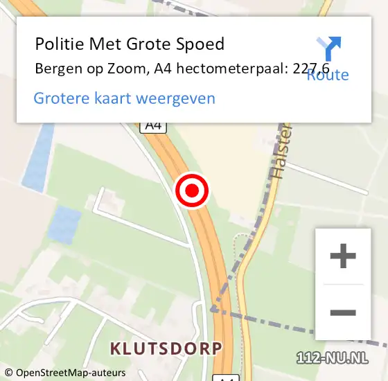Locatie op kaart van de 112 melding: Politie Met Grote Spoed Naar Bergen op Zoom, A4 hectometerpaal: 227,6 op 21 januari 2023 09:38