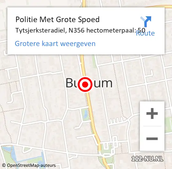Locatie op kaart van de 112 melding: Politie Met Grote Spoed Naar Tytsjerksteradiel, N356 hectometerpaal: 50 op 21 januari 2023 09:50