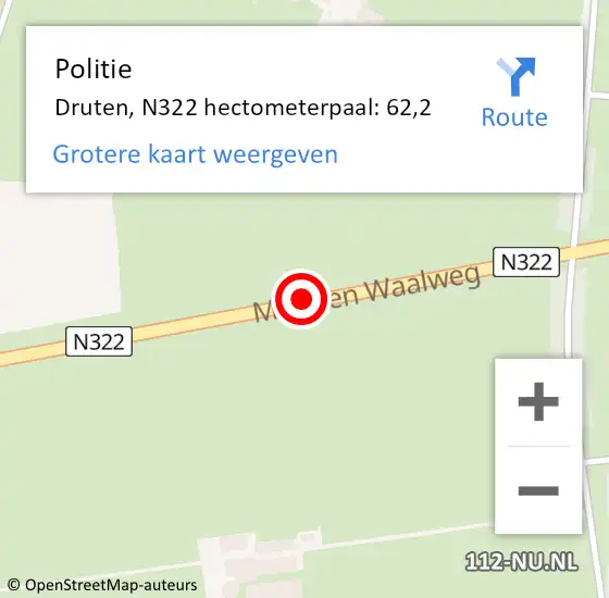 Locatie op kaart van de 112 melding: Politie Druten, N322 hectometerpaal: 62,2 op 21 januari 2023 11:59