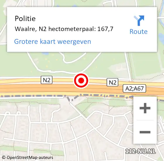 Locatie op kaart van de 112 melding: Politie Waalre, N2 hectometerpaal: 167,7 op 21 januari 2023 15:46