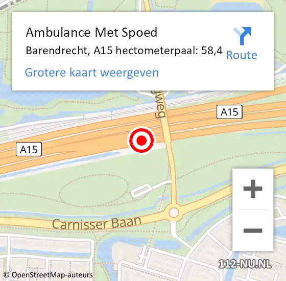 Locatie op kaart van de 112 melding: Ambulance Met Spoed Naar Barendrecht, A15 hectometerpaal: 58,4 op 21 januari 2023 16:01