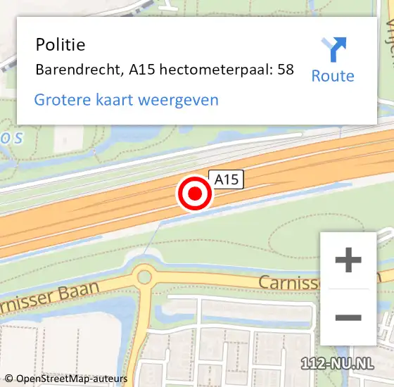 Locatie op kaart van de 112 melding: Politie Barendrecht, A15 hectometerpaal: 58 op 21 januari 2023 16:02