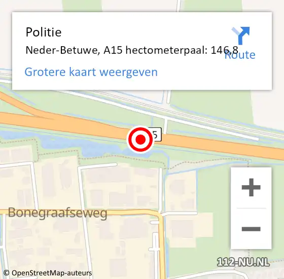 Locatie op kaart van de 112 melding: Politie Neder-Betuwe, A15 hectometerpaal: 146,8 op 21 januari 2023 16:42