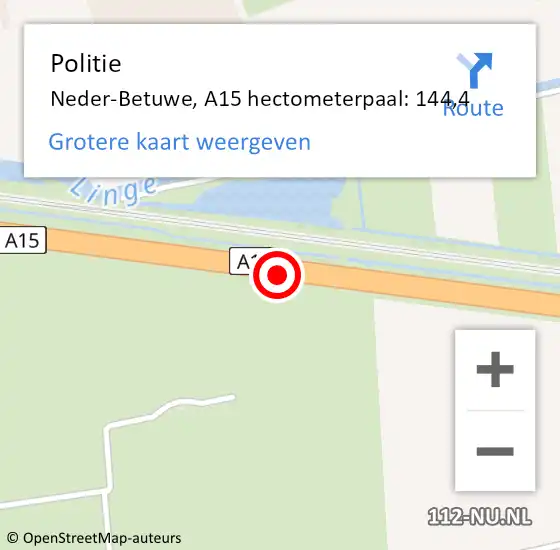 Locatie op kaart van de 112 melding: Politie Neder-Betuwe, A15 hectometerpaal: 144,4 op 21 januari 2023 17:47