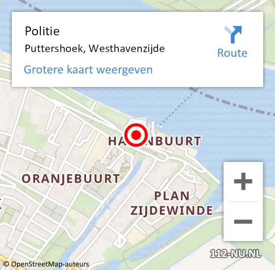 Locatie op kaart van de 112 melding: Politie Puttershoek, Westhavenzijde op 21 januari 2023 19:35