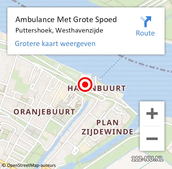 Locatie op kaart van de 112 melding: Ambulance Met Grote Spoed Naar Puttershoek, Westhavenzijde op 21 januari 2023 19:35