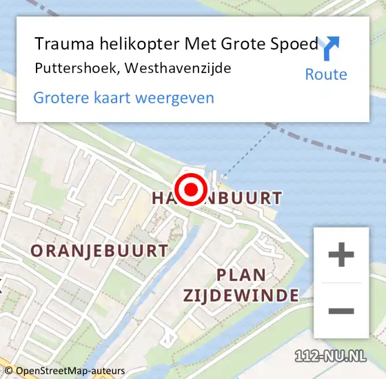 Locatie op kaart van de 112 melding: Trauma helikopter Met Grote Spoed Naar Puttershoek, Westhavenzijde op 21 januari 2023 19:40