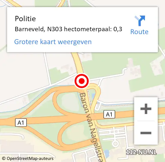 Locatie op kaart van de 112 melding: Politie Barneveld, N303 hectometerpaal: 0,3 op 21 januari 2023 20:11