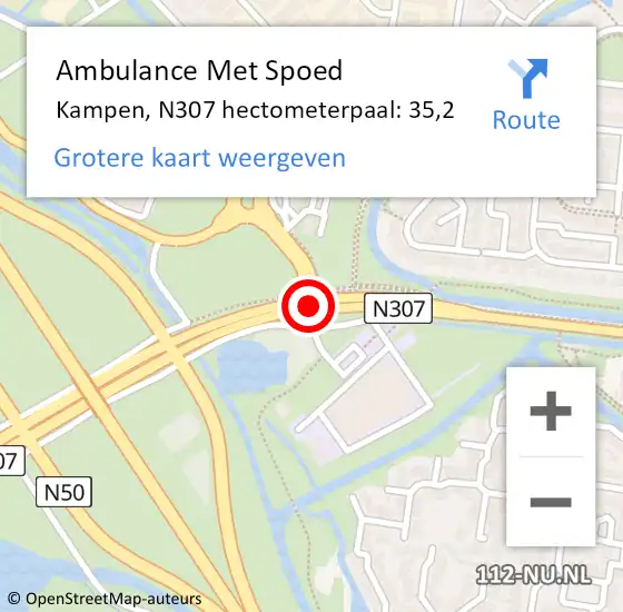 Locatie op kaart van de 112 melding: Ambulance Met Spoed Naar Kampen, N307 hectometerpaal: 35,2 op 21 januari 2023 20:29
