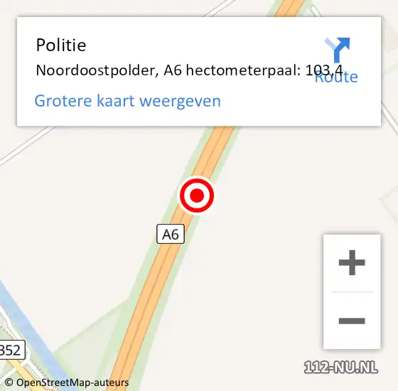 Locatie op kaart van de 112 melding: Politie Noordoostpolder, A6 hectometerpaal: 103,4 op 21 januari 2023 21:18