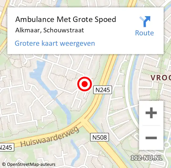 Locatie op kaart van de 112 melding: Ambulance Met Grote Spoed Naar Alkmaar, Schouwstraat op 21 januari 2023 22:36