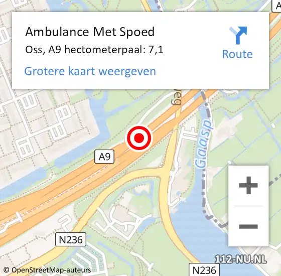 Locatie op kaart van de 112 melding: Ambulance Met Spoed Naar Oss, A9 hectometerpaal: 7,1 op 21 januari 2023 23:08
