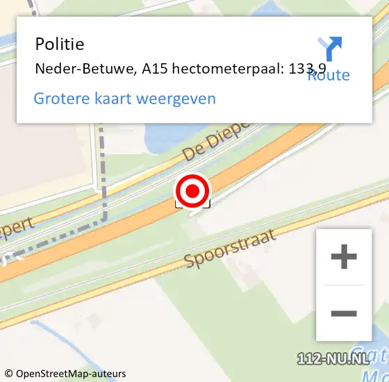 Locatie op kaart van de 112 melding: Politie Neder-Betuwe, A15 hectometerpaal: 133,9 op 22 januari 2023 02:31