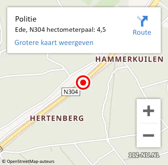 Locatie op kaart van de 112 melding: Politie Ede, N304 hectometerpaal: 4,5 op 22 januari 2023 03:18
