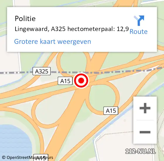 Locatie op kaart van de 112 melding: Politie Lingewaard, A325 hectometerpaal: 12,9 op 22 januari 2023 03:47