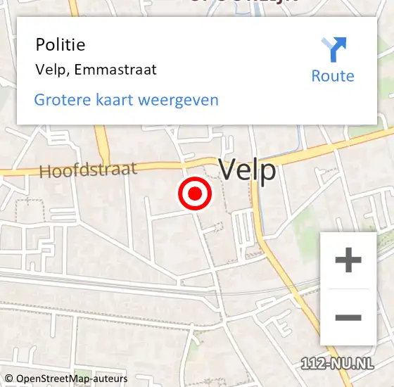 Locatie op kaart van de 112 melding: Politie Velp, Emmastraat op 22 januari 2023 04:04