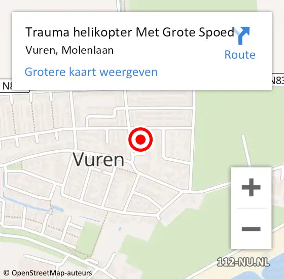 Locatie op kaart van de 112 melding: Trauma helikopter Met Grote Spoed Naar Vuren, Molenlaan op 22 januari 2023 12:01