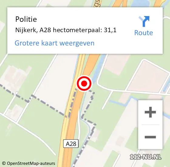 Locatie op kaart van de 112 melding: Politie Amersfoort, A28 hectometerpaal: 31,1 op 22 januari 2023 18:27