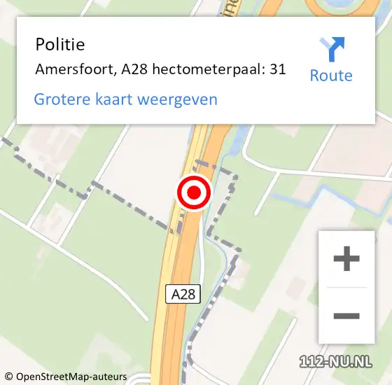 Locatie op kaart van de 112 melding: Politie Amersfoort, A28 hectometerpaal: 31 op 22 januari 2023 18:28