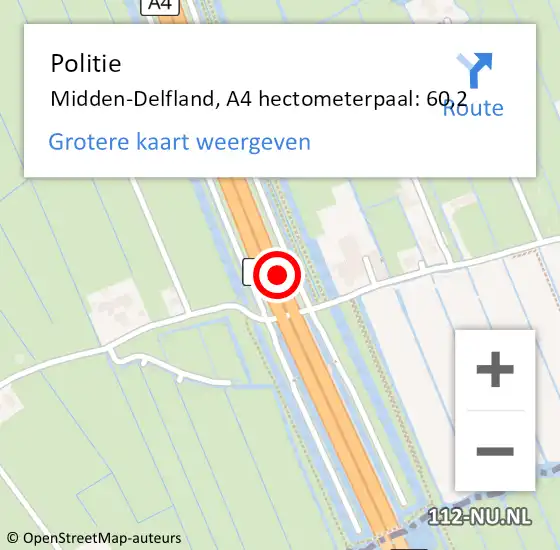 Locatie op kaart van de 112 melding: Politie Midden-Delfland, A4 hectometerpaal: 60,2 op 22 januari 2023 19:02