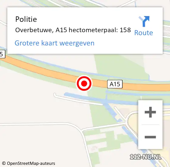 Locatie op kaart van de 112 melding: Politie Overbetuwe, A15 hectometerpaal: 158 op 22 januari 2023 21:17