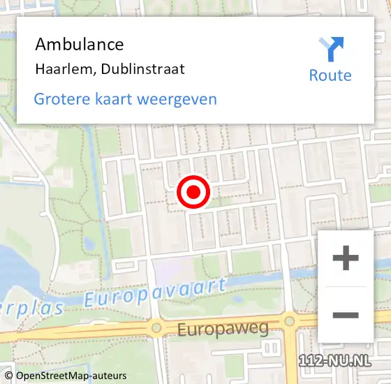 Locatie op kaart van de 112 melding: Ambulance Haarlem, Dublinstraat op 22 januari 2023 21:55