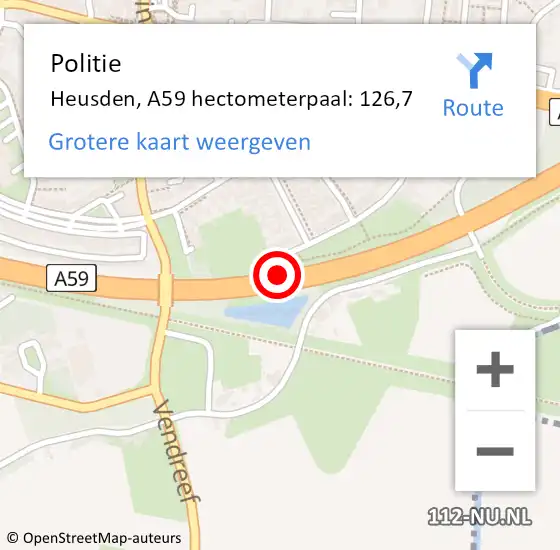 Locatie op kaart van de 112 melding: Politie Heusden, A59 hectometerpaal: 126,7 op 23 januari 2023 09:16