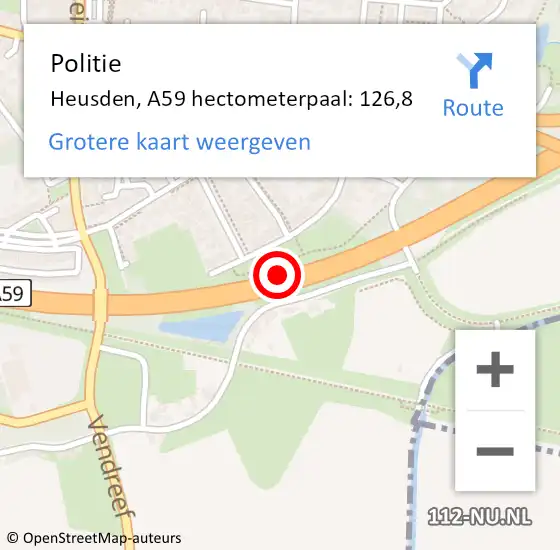 Locatie op kaart van de 112 melding: Politie Heusden, A59 hectometerpaal: 126,8 op 23 januari 2023 09:21