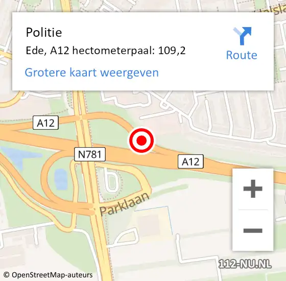 Locatie op kaart van de 112 melding: Politie Ede, A12 hectometerpaal: 109,2 op 23 januari 2023 09:56