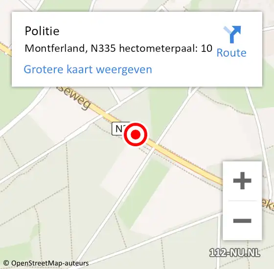 Locatie op kaart van de 112 melding: Politie Montferland, N335 hectometerpaal: 10 op 23 januari 2023 10:19