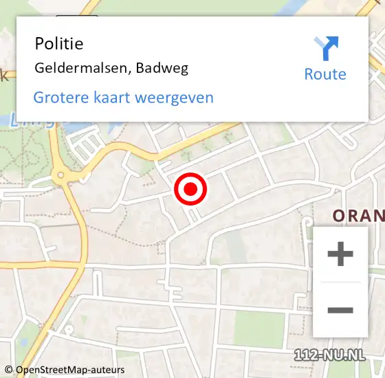 Locatie op kaart van de 112 melding: Politie Geldermalsen, Badweg op 23 januari 2023 11:29