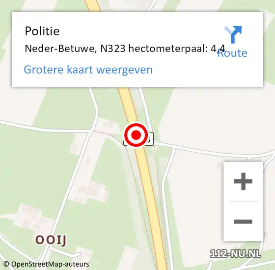 Locatie op kaart van de 112 melding: Politie Neder-Betuwe, N323 hectometerpaal: 4,4 op 23 januari 2023 14:31